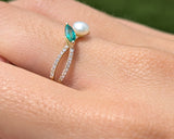 14kt Yellow Gold Natural Emerald, Pearl and Diamond Ring