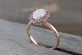 14k Rose Gold Oval Fire Opal And Pink Sapphire Halo Engagement Love Anniversary Ring