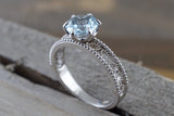 14k White Gold Round Cut Aquamarine Vintage Filigree Engagement Promise Ring Rope