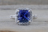 18k White Gold Cushion Cut Exotic Tanzanite Cushion Diamond Halo Wedding Engagement Promise Ring Anniversary Ballerina Shank Purple Blue