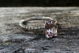 14k White Gold Elongated Cushion Cut Pink Peach Morganite Prong Engagement Promise Ring Rope