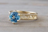14k Yellow Gold Leaf Floral Danity Vintage Milgrain Round Blue Topaz Engagement Ring Love Engagement Promise