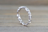 14k White Gold Brilliant Cut and Emerald Cut Diamond Eternity Band with Milgrain Stacking Stackable