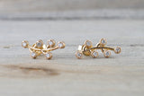 14k Rose Gold Diamond Leaf Style Stud Earring Post Micro Milgrain Etching