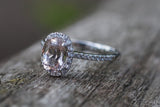 14k White Gold Oval Pink Peach Morganite Halo Bezel Diamond Engagement Promise Ring