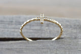 14kt Solid Gold Diamond Sideways Cross Ring Side Ways Rope Bead Band