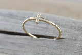 14kt Solid Gold Diamond Sideways Cross Ring Side Ways Rope Bead Band