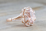 14k Rose Gold Oval Morganite Diamond Double Halo Engagement Ring Vintage Crown Dainty