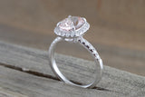 18k White Gold Oval Morganite Peach Champagne Beige Diamond Halo Engagement Ring Vintage