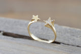 14k Yellow Gold Solid Double Diamond Star Open Ring Band