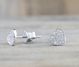 14k White Gold Disk Design Heart Diamond Earrings Stud Post Studs Round Micro Pave Flat