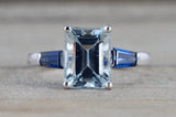 14k White gold Emerald Aquamarine with Blue Sapphire Baguette Future Past Present Engagement Ring