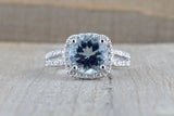 18k White Gold Cushion Halo Round Aquamarine Split Shank Engagement Ring