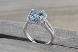18k White Gold Cushion Halo Round Aquamarine Split Shank Engagement Ring