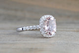 18k White Gold Oval Morganite Peach Champagne Beige Diamond Halo Engagement Ring Vintage