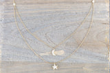 14k Yellow Gold Double Chain Moon and Star Micro Pave Diamond Necklace 16" 17" 18" Chain