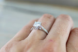 6.5mm Charles Colvard Forever Brilliant Cushion Moissanite 18k White Gold Solitaire Diamond Band Engagement Ring