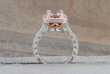 8mm 14k Rose and White Gold Cushion Halo with Round Pink Peach Morganite Engagement Promise Ring Rope Bead Vintage