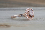 14k Rose Gold Round Peach Pink Morganite Diamond Halo Engagement Anniversary Ring