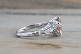 18k White Gold Vintage Art Deco Round Peach Pink Morganite Diamond Engagement Anniversary Ring Crown