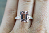 14k Rose Gold Elongated Emerald Cut Pink Morganite Diamond Engagement