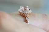 14k Rose Gold Vintage Diamond 7mm Morganite Engagement Promise Ring Rope Bead Vintage Art Deco