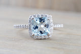 18k White Gold Cushion Aquamarine with a Diamond Halo Engagement Promise Ring