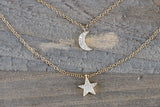 14k Yellow Gold Double Chain Moon and Star Micro Pave Diamond Necklace 16" 17" 18" Chain