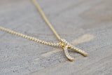 14k Yellow Gold Wish Bone Pave Diamond Dainty Pendant Charm with necklace chain
