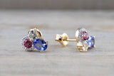 14k Yellow Gold Cluster Tanzanite Pink Tourmaline Green Amethyst Diamond Earring Studs E0308