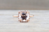 Cushion Morganite set on 14k Rose Gold Diamond Halo Engagement Ring