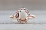 Rose Gold Oval Diamond Fire Opal Vintage Art Deco Halo Ring