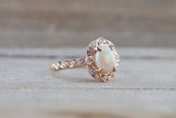 Rose Gold Oval Diamond Fire Opal Vintage Art Deco Halo Ring