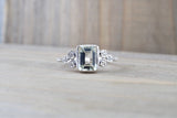 14k White Gold Bezel Emerald Cut Green Amethyst with Diamond Engagement Wedding Ring
