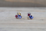 14k Yellow Gold Cluster Tanzanite Pink Tourmaline Green Amethyst Diamond Earring Studs E0308