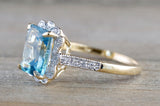 14k Yellow Gold Vintage Style Emerald Blue Topaz Diamond Halo Engagement Ring