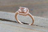 Cushion Morganite 14 Karat Rose Gold Sideways Diamond Halo Engagement Anniversary Promise Wedding Ring Band East West