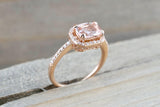 Cushion Morganite 14 Karat Rose Gold Sideways Diamond Halo Engagement Anniversary Promise Wedding Ring Band East West