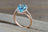 14k Rose Gold Pear Shape Blue Topaz set in a Diamond Halo Engagement Ring Love Engagement Promise 12x9mm