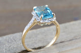 14k Yellow Gold Vintage Style Emerald Blue Topaz Diamond Halo Engagement Ring