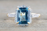 14k Yellow Gold Vintage Style Emerald Blue Topaz Diamond Halo Engagement Ring