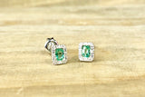 14k White Gold Diamond and Emerald Halo Earrings Rectangle