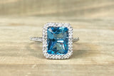 14k White Gold Diamond Pave Emerald Blue Topaz Ring