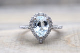 14k White Gold Blue Aquamarine Aqua Pear Shape Halo Diamond Wedding Engagement Promise Ring Teardrop Vintage Dainty Love