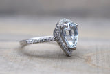 14k White Gold Blue Aquamarine Aqua Pear Shape Halo Diamond Wedding Engagement Promise Ring Teardrop Vintage Dainty Love