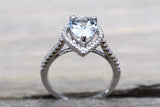 14k White Gold Blue Aquamarine Aqua Pear Shape Halo Diamond Wedding Engagement Promise Ring Teardrop Vintage Dainty Love