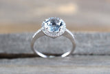 14k White Gold Thin Round Diamond Halo Blue Aquamarine Engagement Promise Anniversary Love Ring Band 8mm