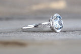 14k White Gold Thin Round Diamond Halo Blue Aquamarine Engagement Promise Anniversary Love Ring Band 8mm
