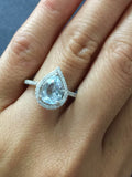 14k White Gold Blue Aquamarine Aqua Pear Shape Halo Diamond Wedding Engagement Promise Ring Teardrop Vintage Dainty Love