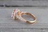 18k Rose Gold Pave Halo Cushion Morganite Peach Champagne Beige Diamond Halo Engagement Ring Vintage